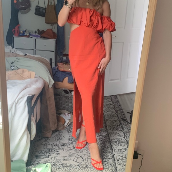 Rust orange / red linen off the shoulder midi dress - Picture 5 of 6